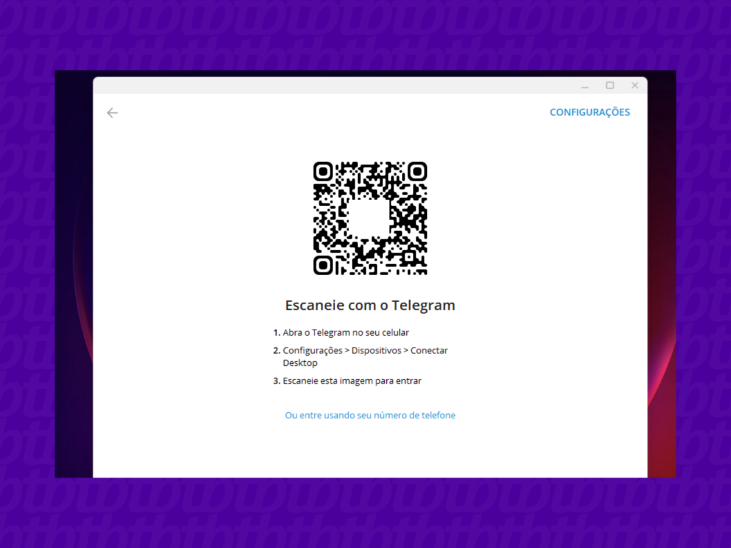 Escolha o método de login entre QR Code ou número de telefone (Imagem: Reprodução/Telegram)