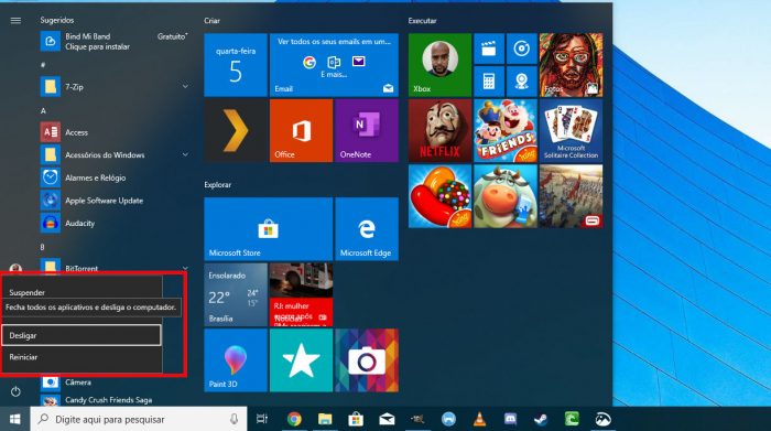 Windows 10 / Menu Iniciar / como desligar o notebook pelo teclado