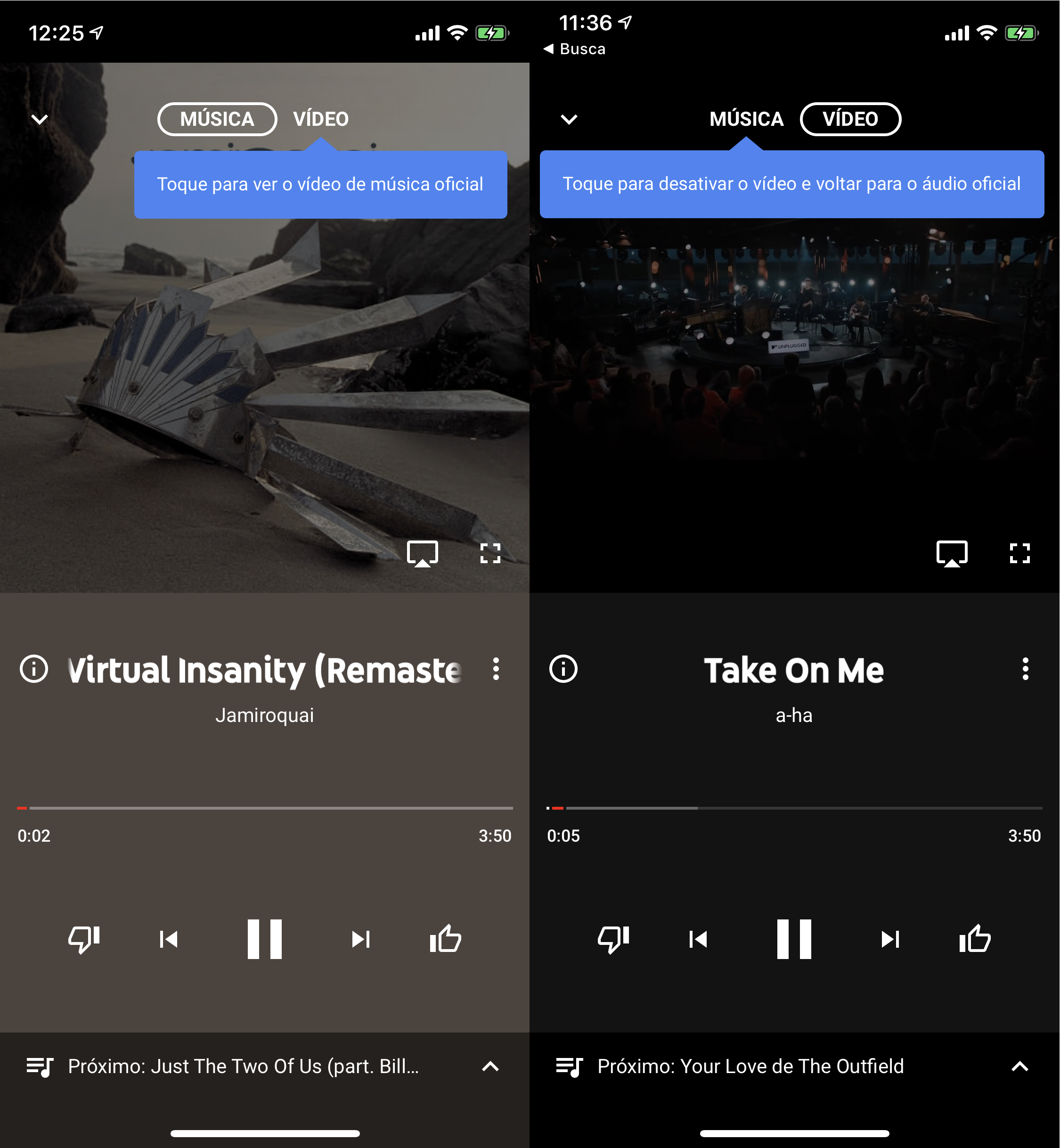 YouTube Music permite alternar rapidamente entre música e videoclipe