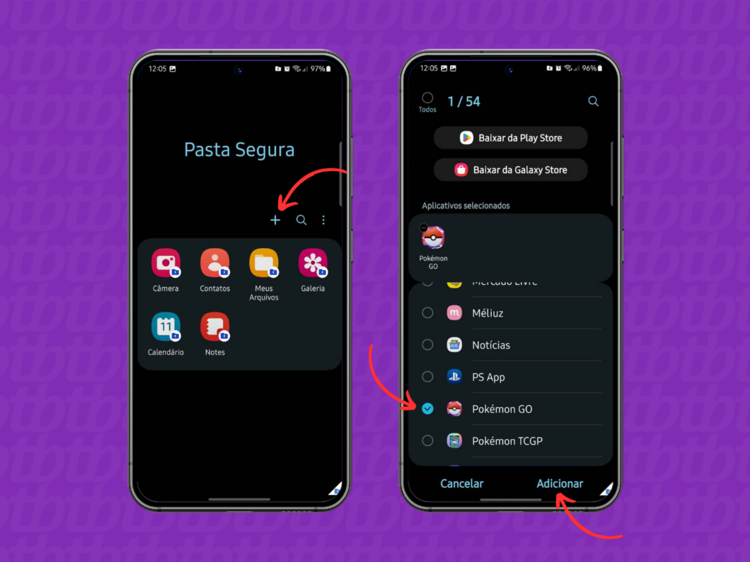 Adicionando apps para a Pasta Segura da Samsung