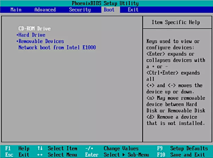 Tela de configuração de boot da BIOS (Imagem: Reprodução/Phoenix Technologies)