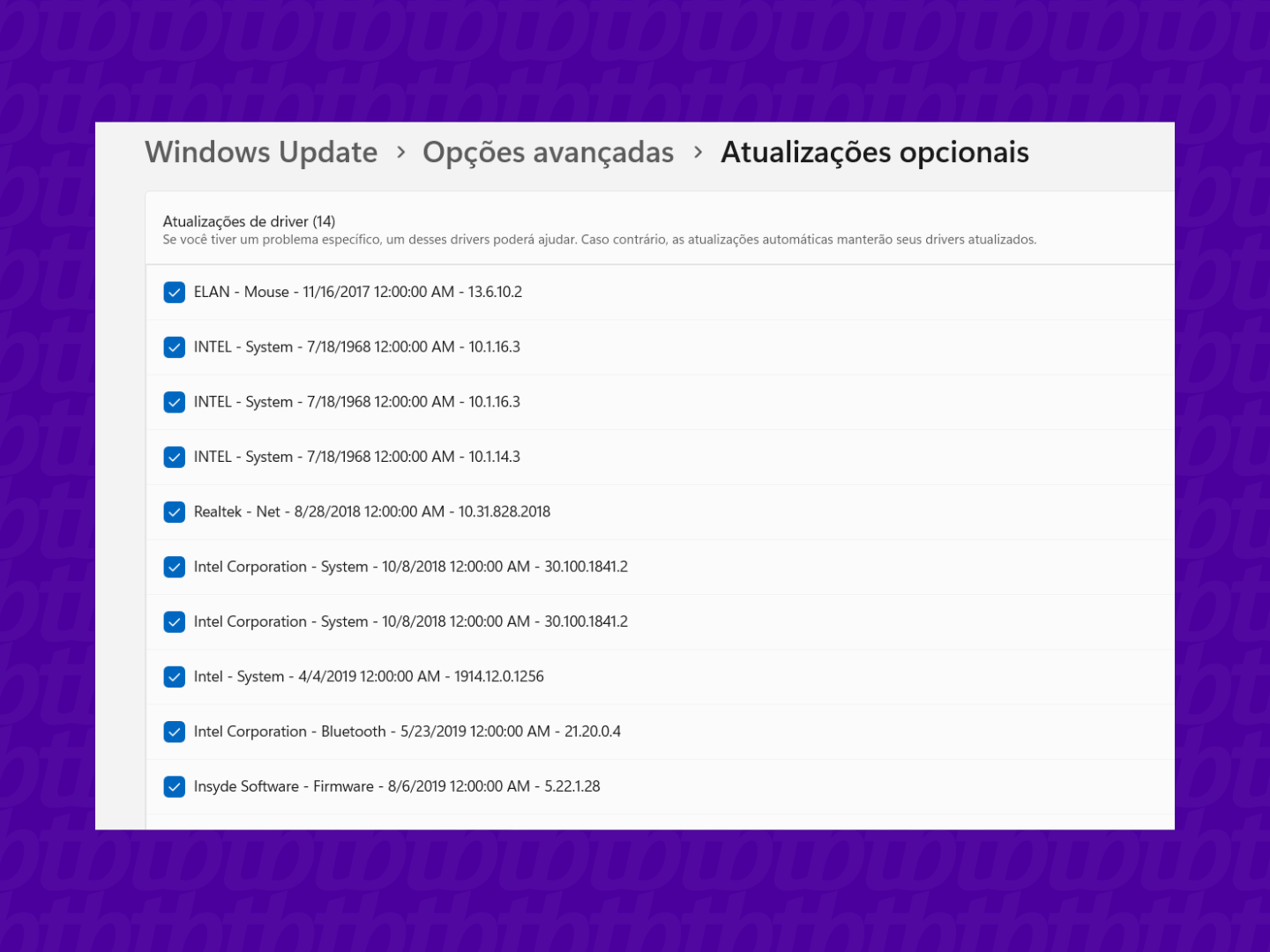 Windows update - atualizações opcionais 