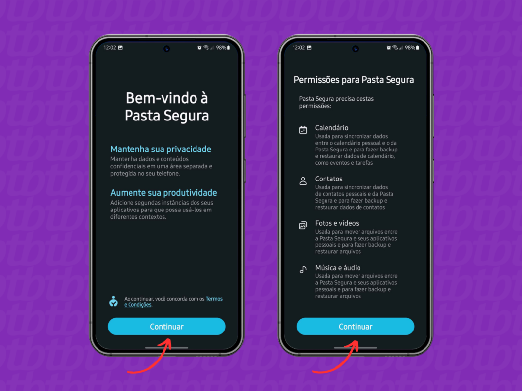 Concordando com os termos da Pasta Segura da Samsung