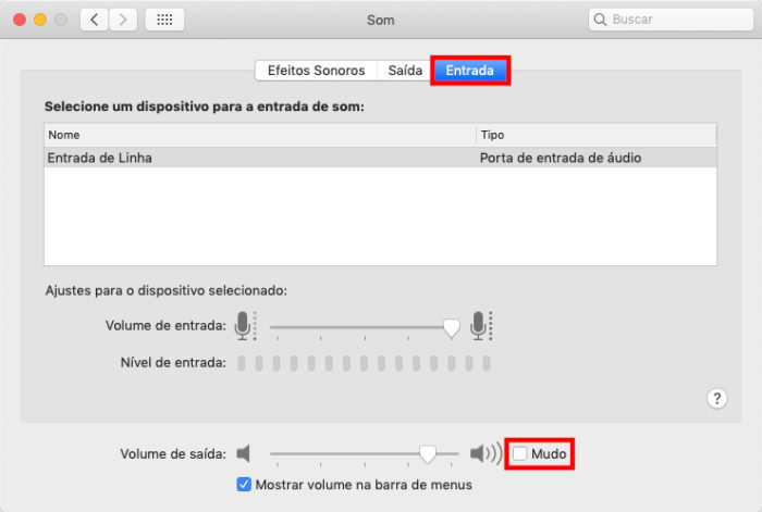 Apple / Configurações de som do macOS / como ativar o microfone do notebook