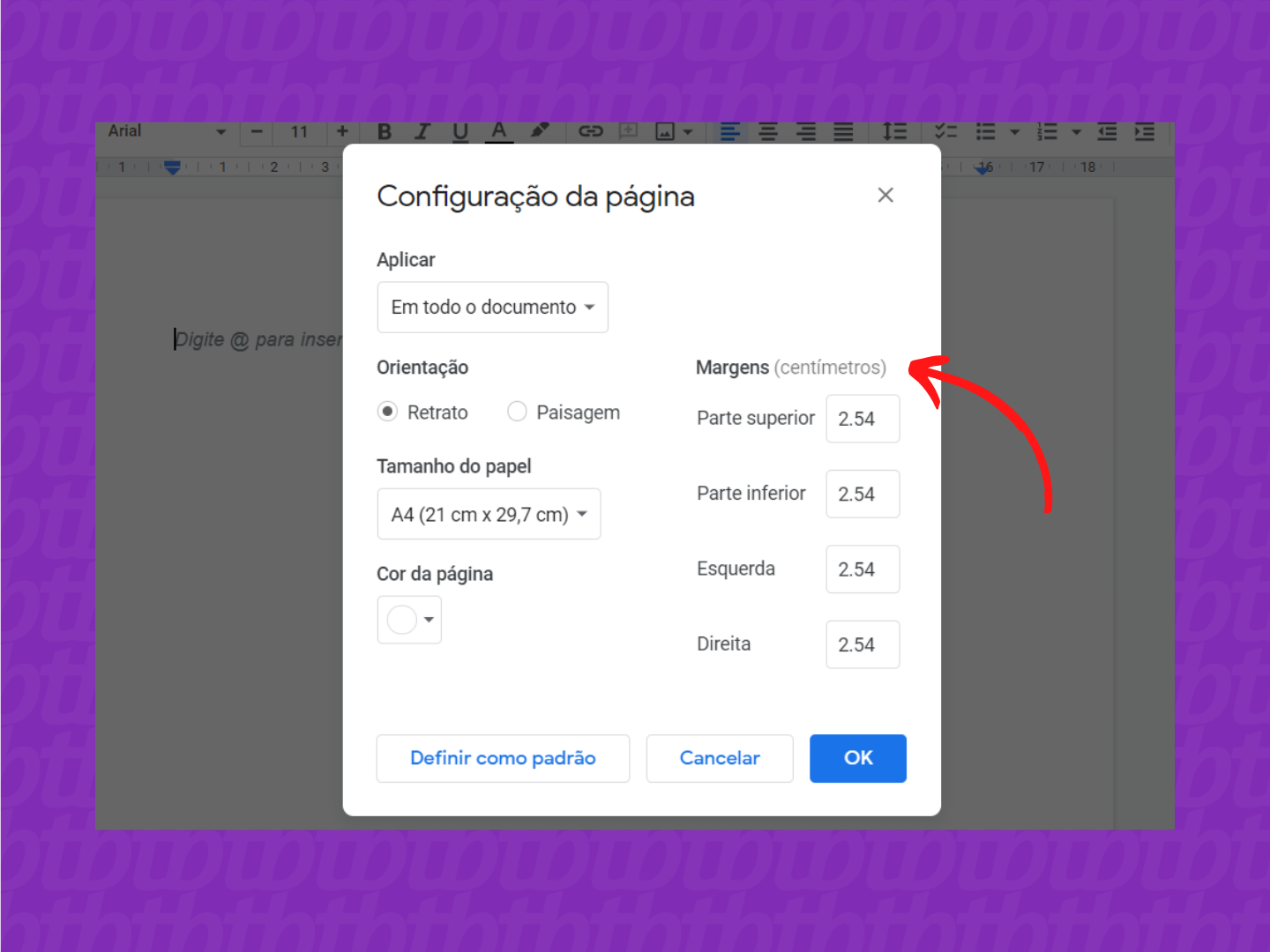 Tela da área de configuração de margem no Google Docs