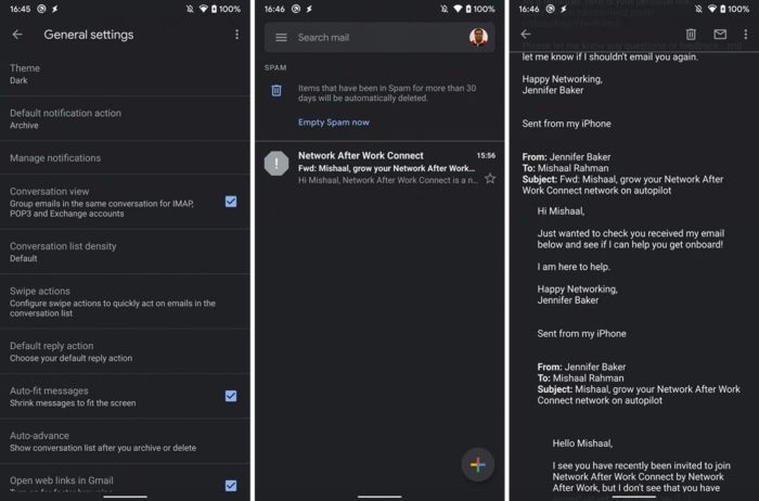 Modo escuro do Gmail no Android 10