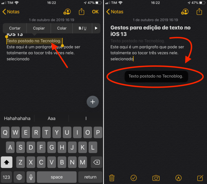 mover palavra ou frase no iOS 13