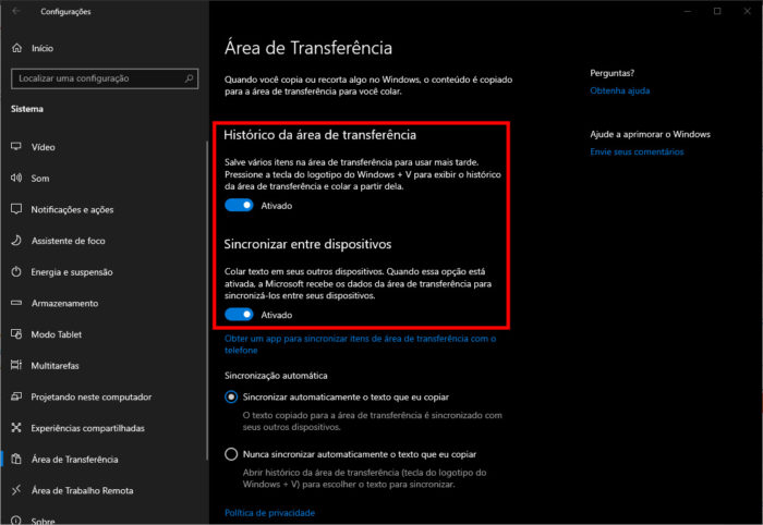 Windows 10 / configurações da Área de Transferência / Microsoft Launcher