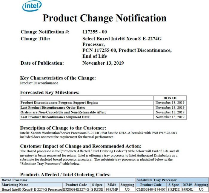 Comunicado da Intel para recall do Xeon E-2274G