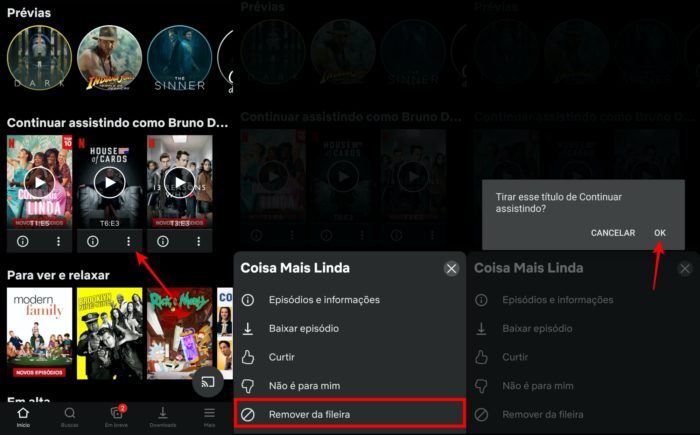 remover filmes e series do continuar assistindo netflix via app