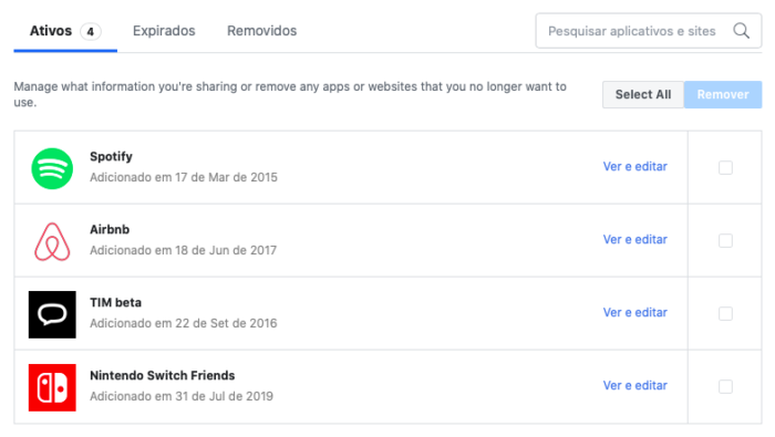 apps e sites nos quais o facebook login foi usado