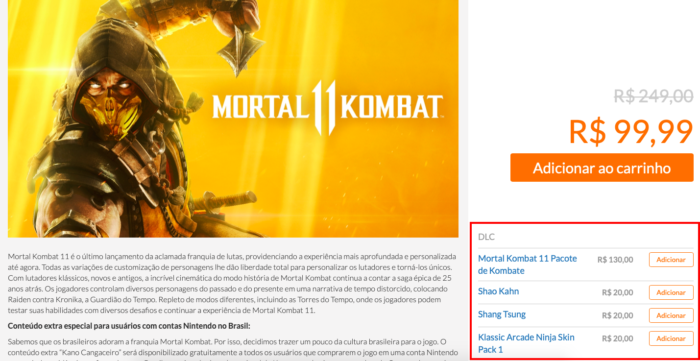 DLC de mortal kombat na loja brasileira da nintendo