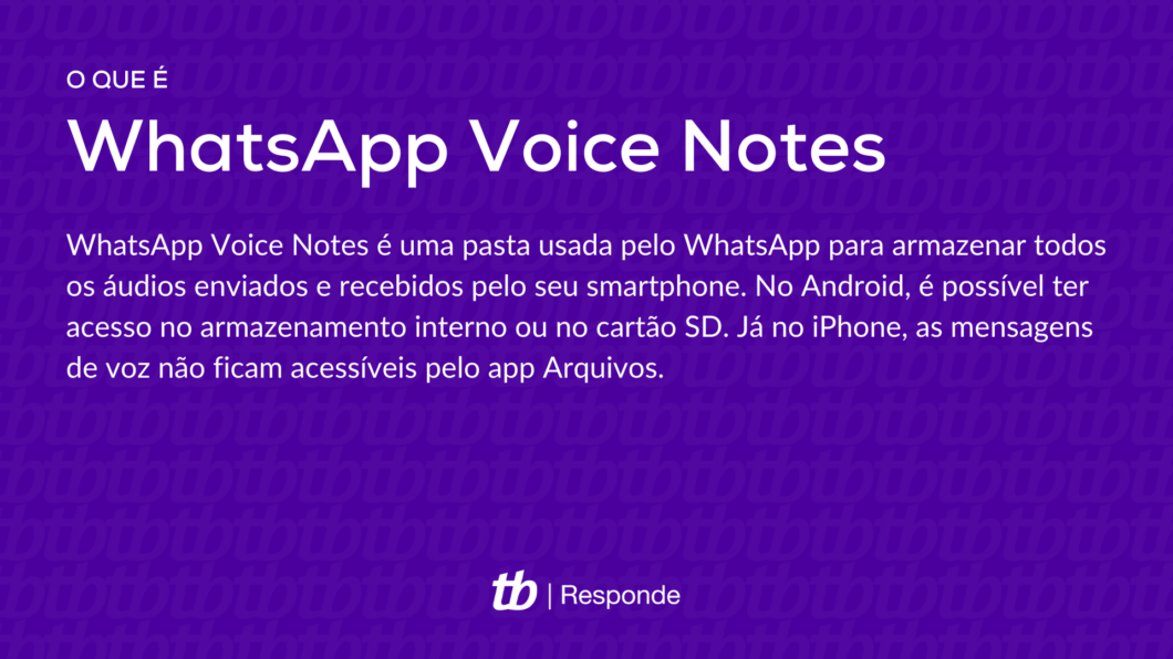 WhatsApp Voice Notes é uma pasta usada pelo WhatsApp para armazenar todos os áudios enviados e recebidos pelo seu smartphone. No Android, é possível ter acesso no armazenamento interno ou no cartão SD. Já no iPhone, as mensagens de voz não ficam acessíveis pelo app Arquivos.