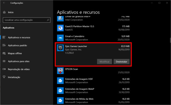 Microsoft / Windows 10 / como desinstalar Epic Games