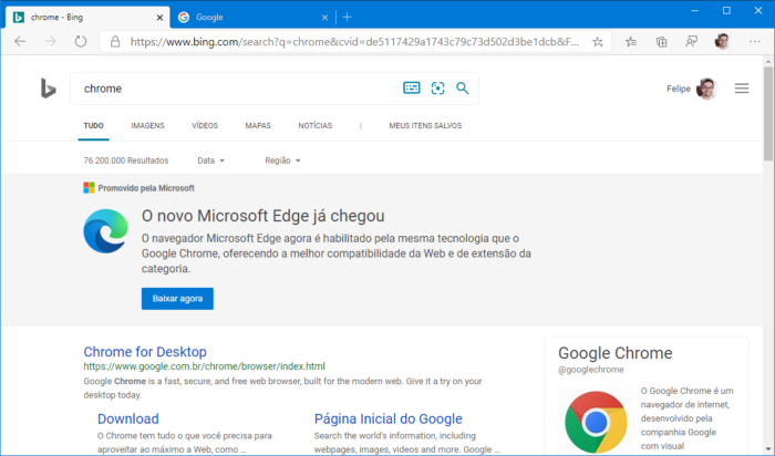 Busca por chrome no Bing no Microsoft Edge