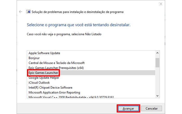 Microsoft / Solução de problemas de instalação e desinstalação de programas / como resolver o problema do epic games launcher