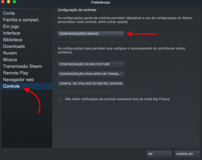 configuração de controle no steam