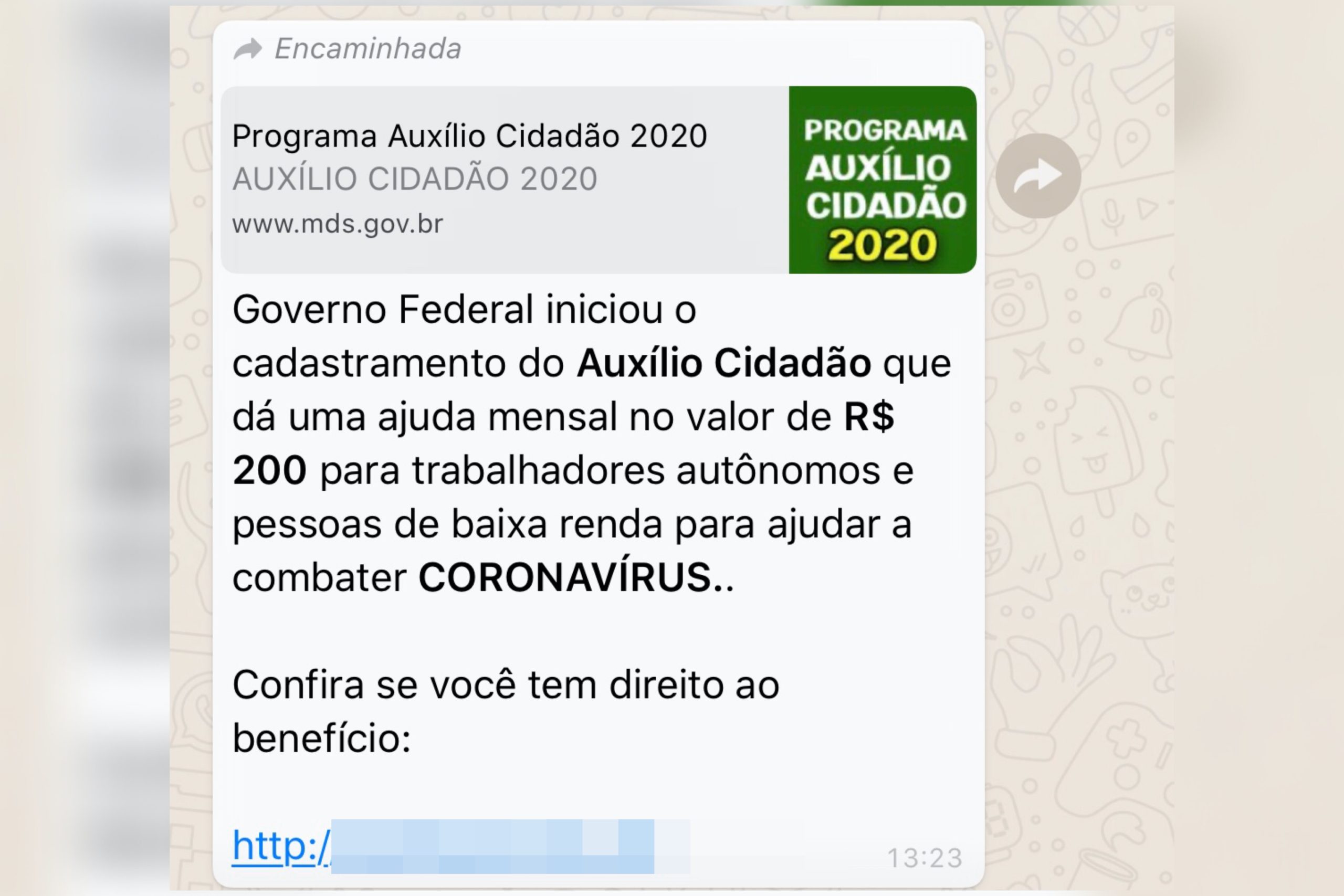 É falso cadastro por WhatsApp do benefício Auxílio Cidadão de R$ 200