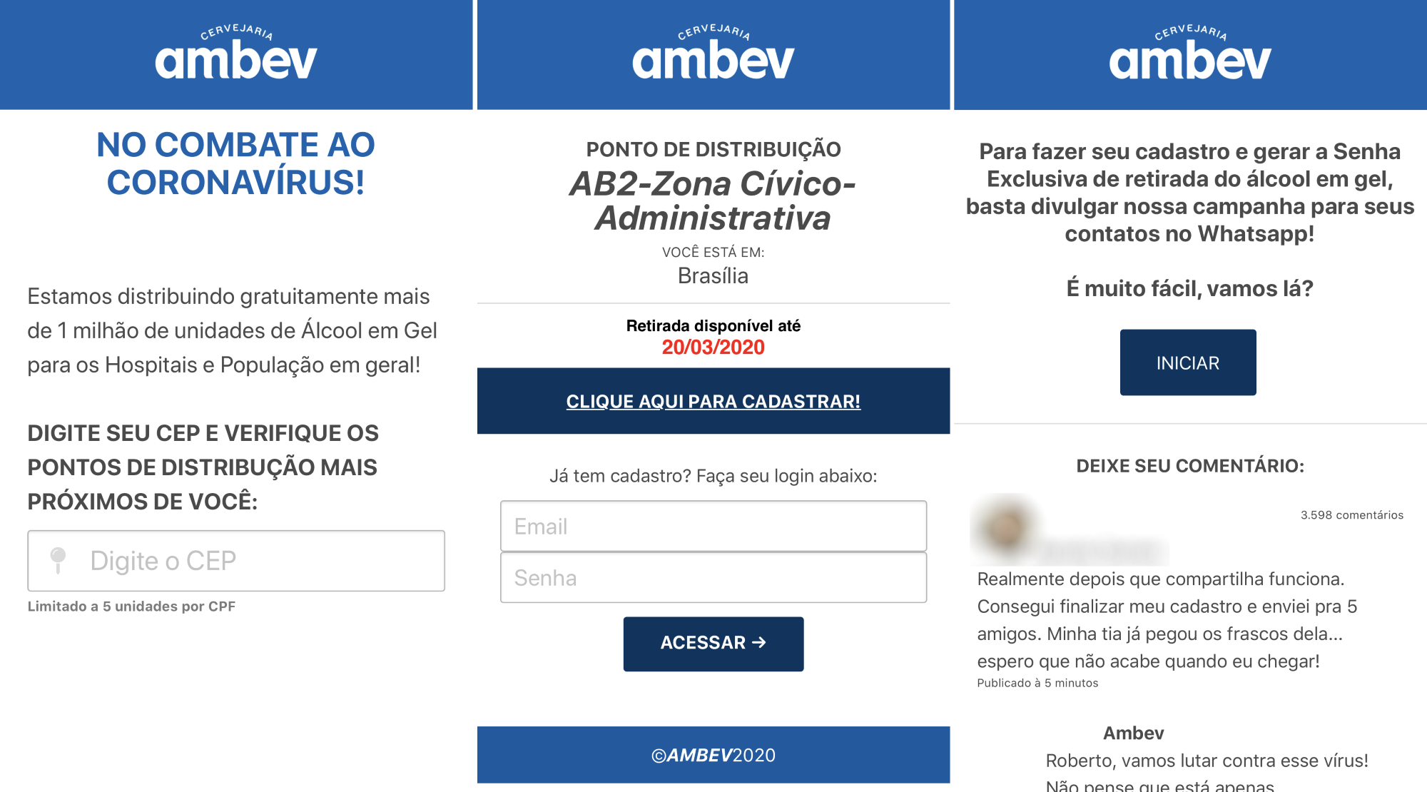 É #FAKE mensagem que diz que Ambev está distribuindo álcool gel grátis para  a população - Fato ou Fake - Extra Online