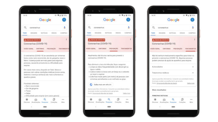 Alerta do Google sobre coronavírus