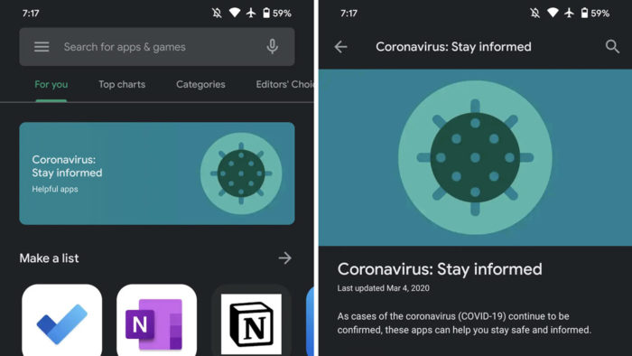 Google Play Store ganha seção sobre novo coronavírus