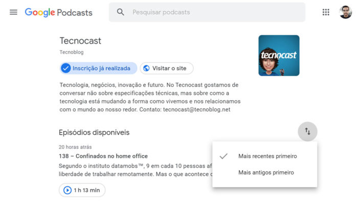Google Podcasts melhora interface na web