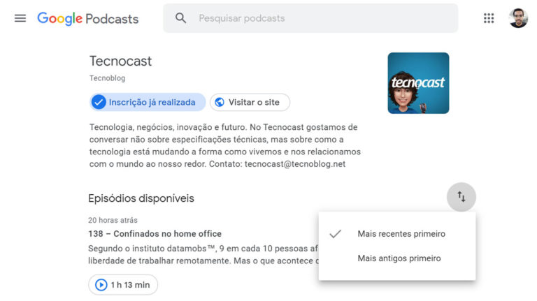 Google Podcasts na web sincroniza inscrições e melhora interface