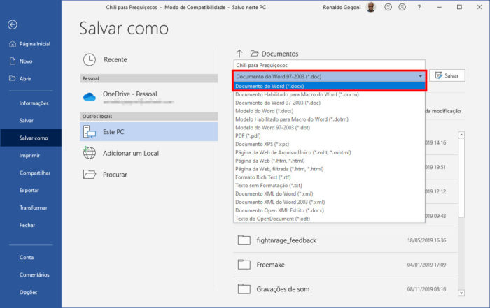 Microsoft / modo de compatibilidade word