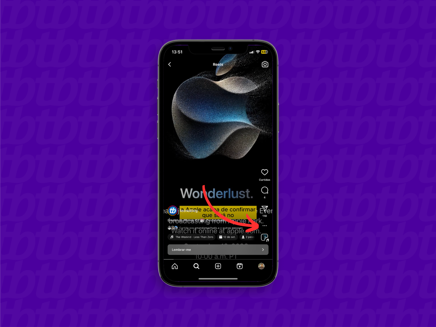 Mockup de celular com print de tela do Instagram que indica o menu de compartilhamento, localizado no canto inferior direito pelo ícone de três pontos.