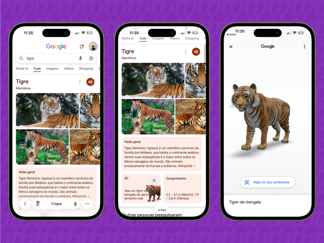 O recurso “Ver em 3D” abre a realidade aumentada do Google no celular, com o tigre projetado