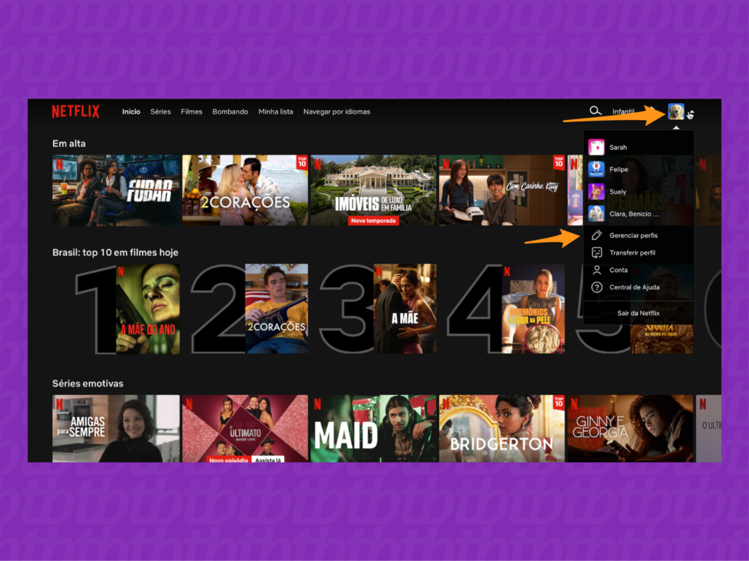 Acesse a opção "Gerenciar perfis" para editar ou excluir um perfil (Imagem: Reprodução/Netflix)