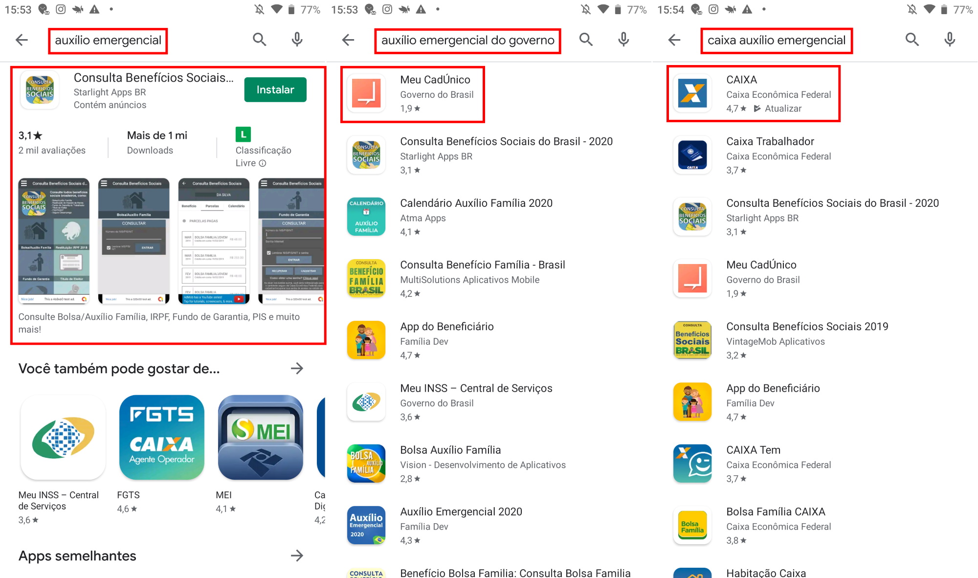 Google Play sugere app errado de auxílio emergencial da Caixa