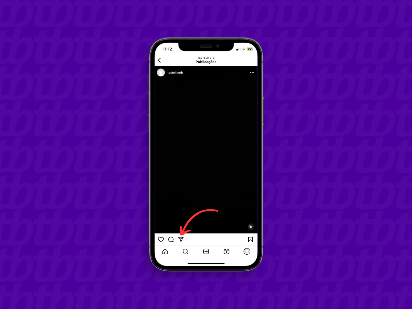 Mockup de celular que mostra uma página de perfil do Instagram com uma seta indicando para o usuário tocar seta para exibir opções de compartilhamento e salvamento.