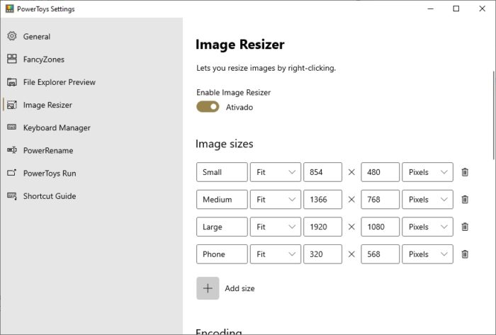 Image Resizer nas configurações do PowerToys Run