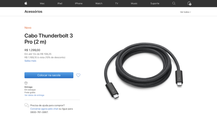 Apple lança cabo Thunderbolt 3 por R$ 1.299