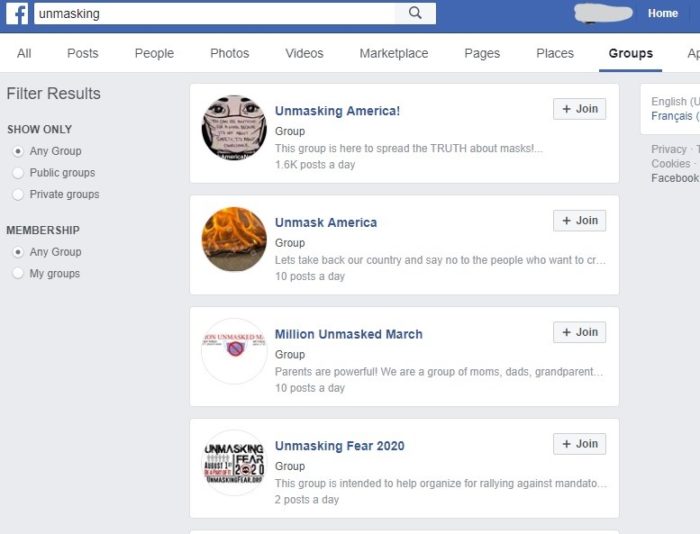 Grupos anti-máscara no Facebook (Reprodução/The Verge)