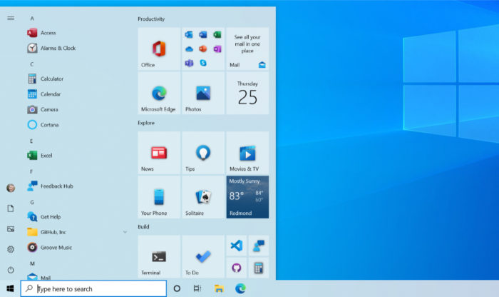 Novo menu Iniciar no Windows 10 lançado em 2020 (Imagem: divulgação/Microsoft)