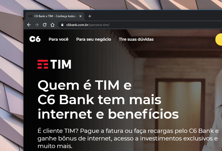 C6 Bank dá bônus de internet no TIM Beta, TIM Pré e TIM Controle