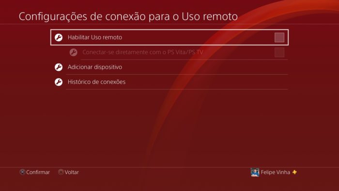 Tela de configuração do uso remoto do PS4 (Imagem: Reprodução/Sony)