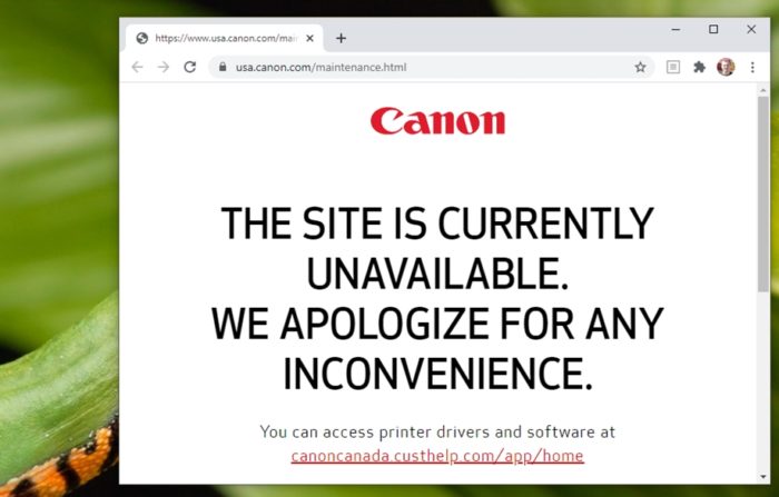 Site da Canon nos EUA: aviso de indisponibilidade