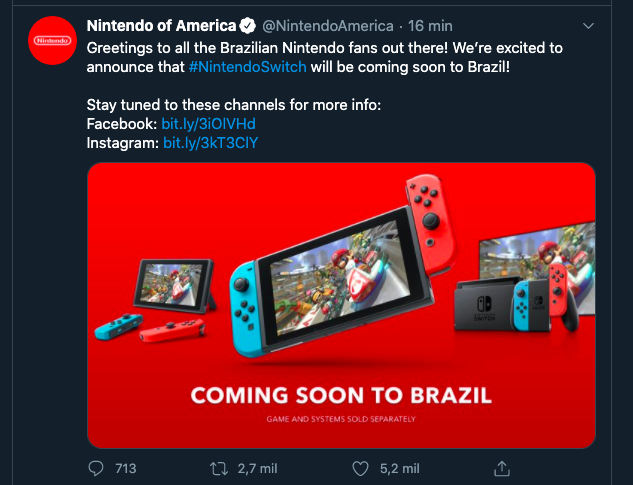 Nintendo confirma lançamento oficial do Switch no Brasil