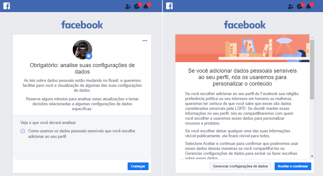 Facebook mostra aviso sobre dados pessoais e LGPD no Brasil