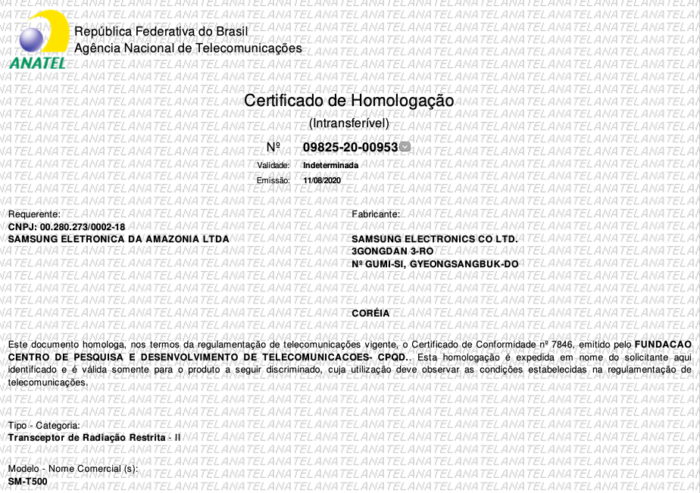Certificado de homologação do Galaxy A7 (2020) na Anatel (Foto: Reprodução/Tecnoblog)