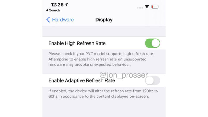 Captura de tela mostra opção para ativar tela de 120 Hz em unidade de testes do iPhone 12 Pro Max (Foto: Reprodução/Twitter/Jon Prosser)