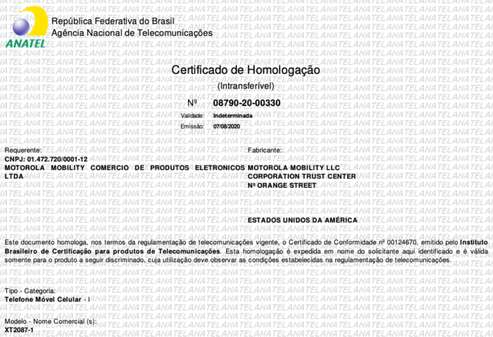 Certificado de homologação do Motorola Moto G9 Plus (Foto: Reprodução/Tecnoblog)