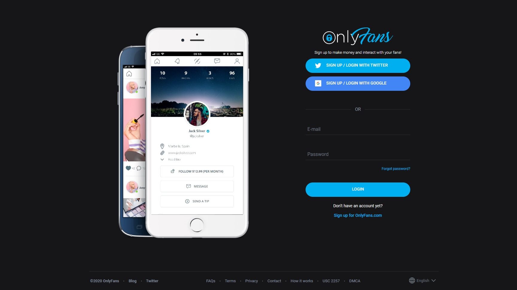 Uma captura de tela da página de login do OnlyFans, com um celular exibindo um perfil na plataforma. O logotipo do OnlyFans aparece no topo da página.