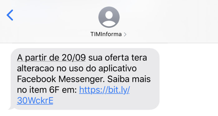 SMS enviado para cliente TIM Pré Turbo alertando mudanças no regulamento