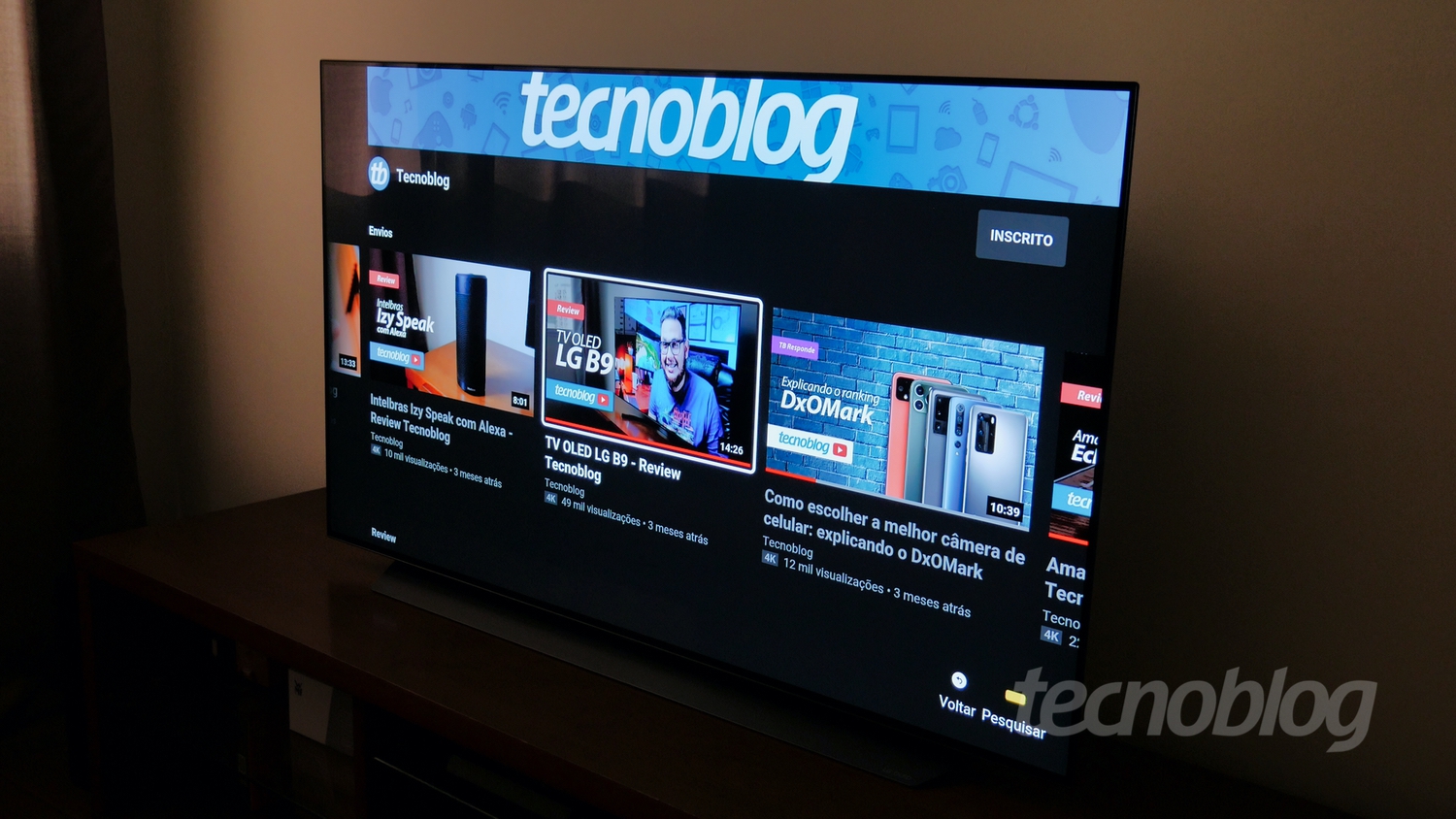 Imagem mostra uma TV OLED da LG com o canal do YouTube do Tecnoblog em destaque