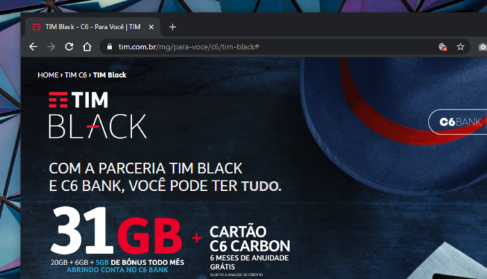 Site do TIM Black com promoção do C6 Bank