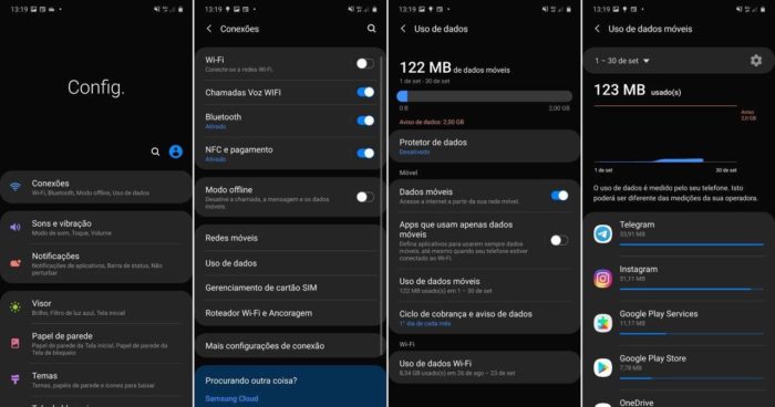 Medidor de dados do plano de celular no Android da Samsung
